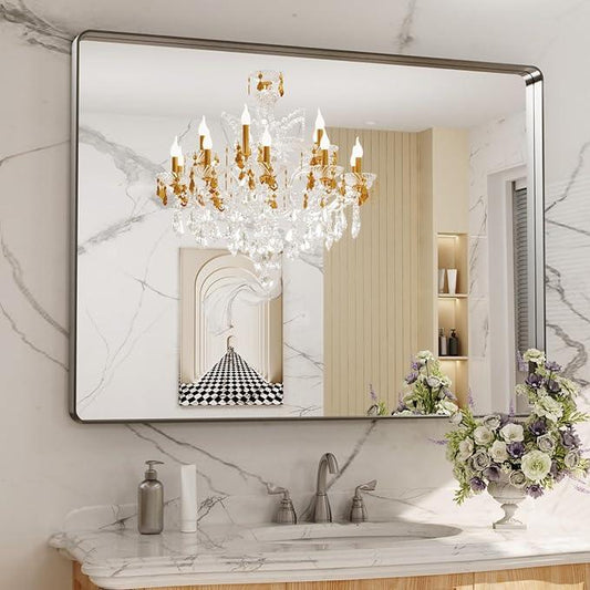 LOAAO 48X36 Inch Brushed Nickel Bathroom Mirror, Rounded Rectangle Silver Metal Frame Mirror, Brushed Nickel, Anti-Rust, Shatter Proof, Hangs Horizontally or Vertically - ModernBath