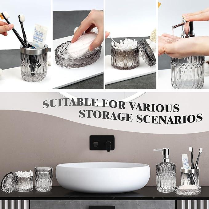 Ulable Bathroom Accessories Set, 5Pcs Bathroom Soap Dispenser Set, Glass Bathroom Accessories with Glass Soap Dispenser, Soap Dish, Toothbrush Holder, Tumbler, Cotton Swab Jar (Gradient Black & Clear) - ModernBath