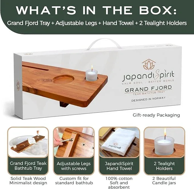 Grand Fjord | Teak Bathtub Tray for Large Soaking Tub | Extra Long 35” Luxury Bath Caddy for Freestanding Tubs | Minimalist Wooden Tub Tray with Candle Holders & Premium Towel by JapandiSpirit - ModernBath