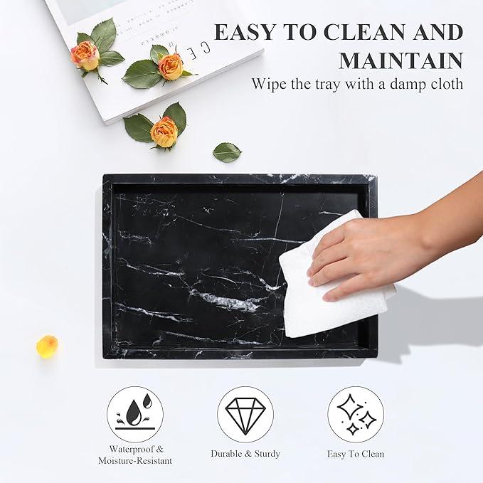 Real Natural Marble Tray for Bathroom, Genuine Marble Stone Vanity Tray, Luxury Storage Trays for Kitchen, Vanity, Home Decor, Dresser, Non-Resin/Non-Ceramic, 12"x 8"x 1.2", Black - ModernBath