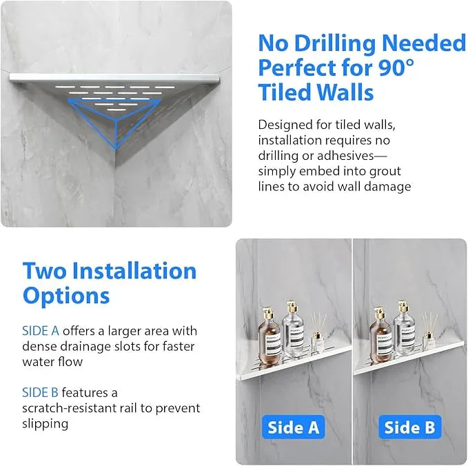 POPFLY 10" Silver Stainless Steel Corner Shower Shelf 2PCS, 304 SS Recessed Bathroom Shelves for Tile Walls, No Drilling Needed, Floating Shower Caddy with Drainage Slots, PF7501L - ModernBath