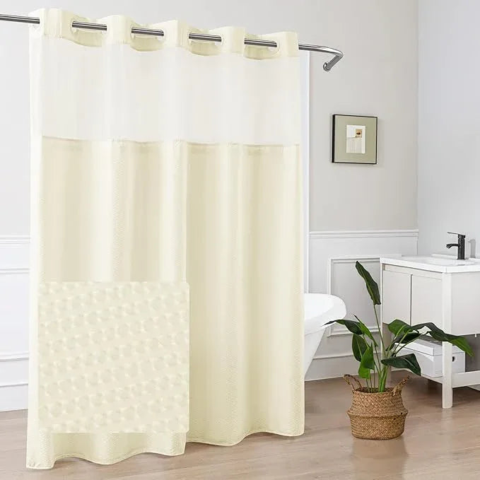 Mrs Awesome No Hook Shower Curtain with Snap-in Liner Less Time On/Off, Embossed Waffle-Look Textured Fabric Shower Curtain for Bathroom, Soft & Lightweight, 71x74, Cream - ModernBath