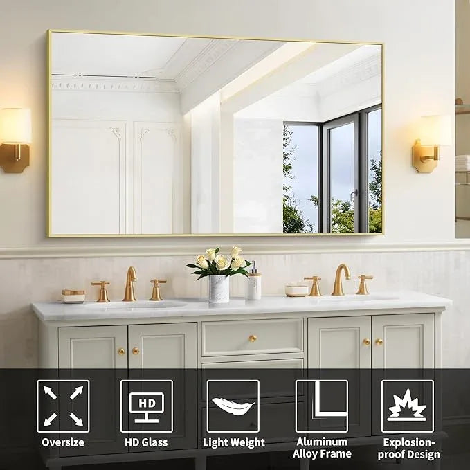 COFENY 30x55In Gold Bathroom Mirror for Wall, Brushed Gold Rectangle Mirrors with Metal Frame, Bathroom Rectangular Mirror Modern Wall Mirror for Bedroom Living Room, Hangs Horizontal or Vertical - ModernBath