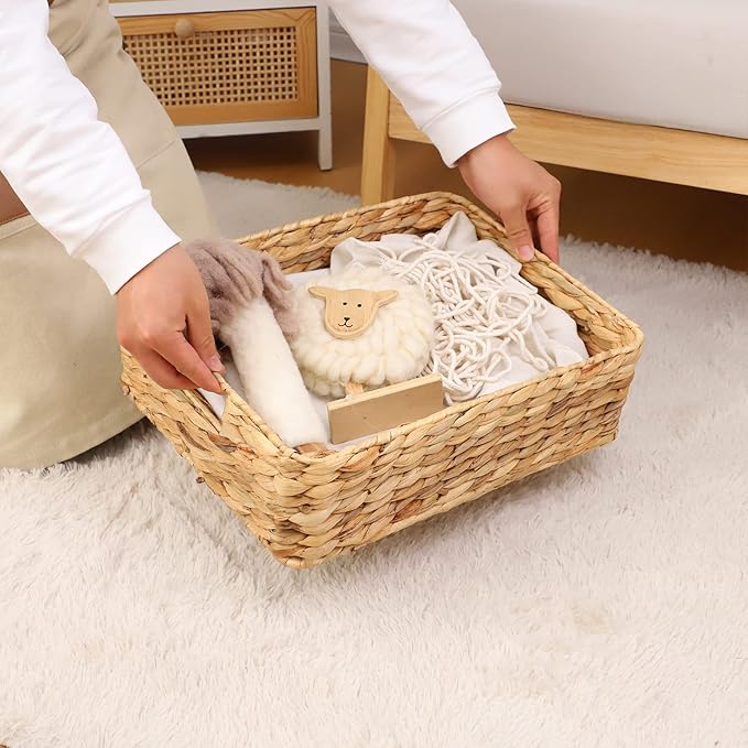 YAHUAN Water Hyacinth Storage Basket, Handwoven, 15.35L x 12W x 4.72H in, Brown - ModernBath