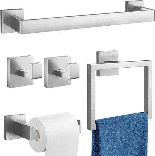 Brushed Nickel Towel Rack for Bathroom Wall Mounted, Bathroom Accessory Set 5-Pieces Bathroom Hardware Set 16In Towel Bar Set - ModernBath