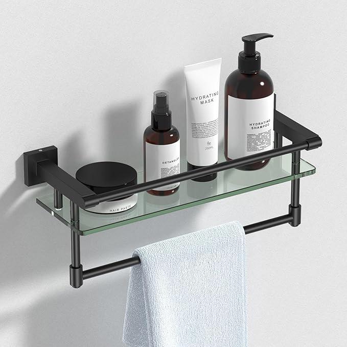 Glass Shelf for Bathroom 16 Inch Bathroom Shelves with Towel Bar, Tempered Glass Shelves with Stainless Steel Towel Holder for Wall Shelf Sink Over Toilet (Matte Black) - ModernBath