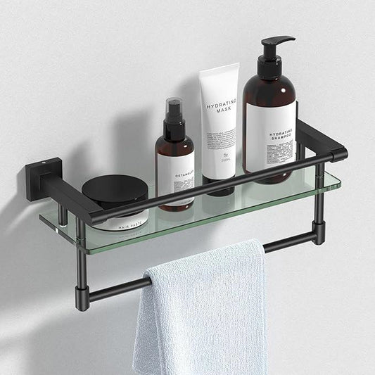 Glass Shelf for Bathroom 16 Inch Bathroom Shelves with Towel Bar, Tempered Glass Shelves with Stainless Steel Towel Holder for Wall Shelf Sink Over Toilet (Matte Black) - ModernBath