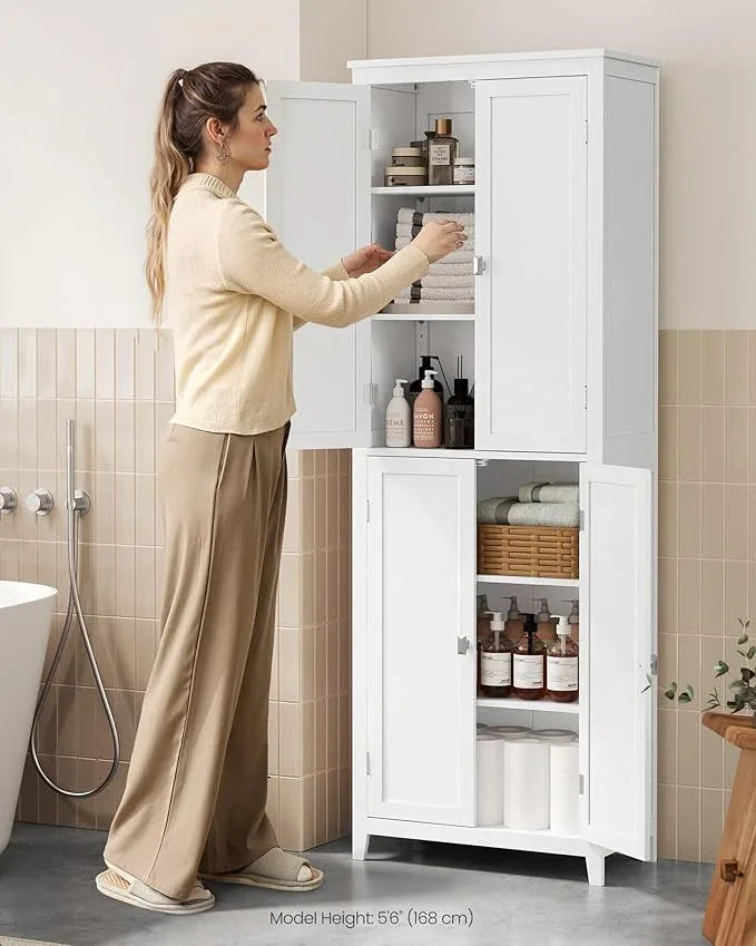 VASAGLE Floor Storage Cabinet, Freestanding Storage Unit with 4 Doors, Adjustable Shelves, 11.8 x 23.6 x 66.9 Inches, for Entryway, Bathroom, Cloud White UBBC550W01 - ModernBath
