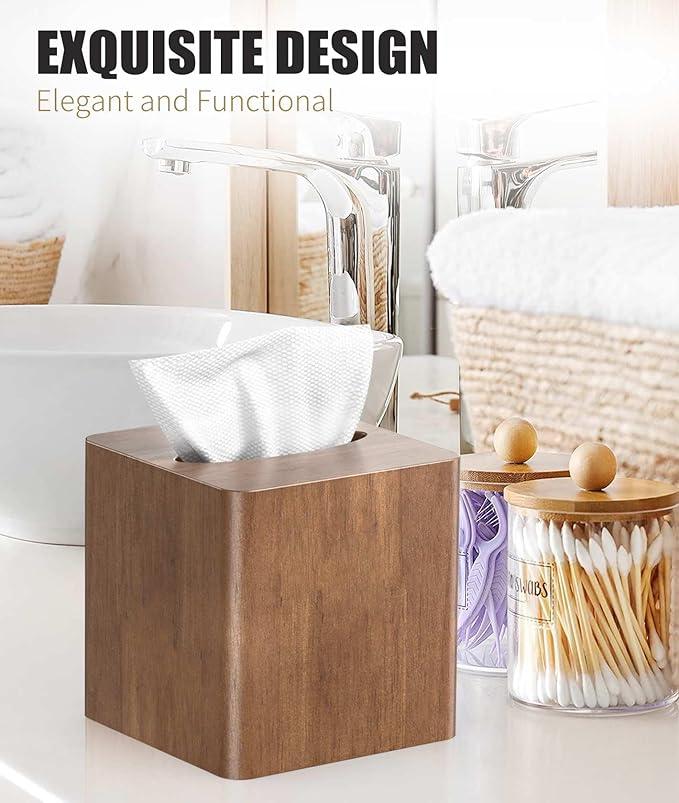 Livelab Tissue Box Cover Square - Oak Wood Tissue Box Holder for Living Room, Dinner Table, Bathroom, Office - Decorative Wooden Cube Facial Tissue Cover for Modern Farmhouse Home Decor | Brown - ModernBath