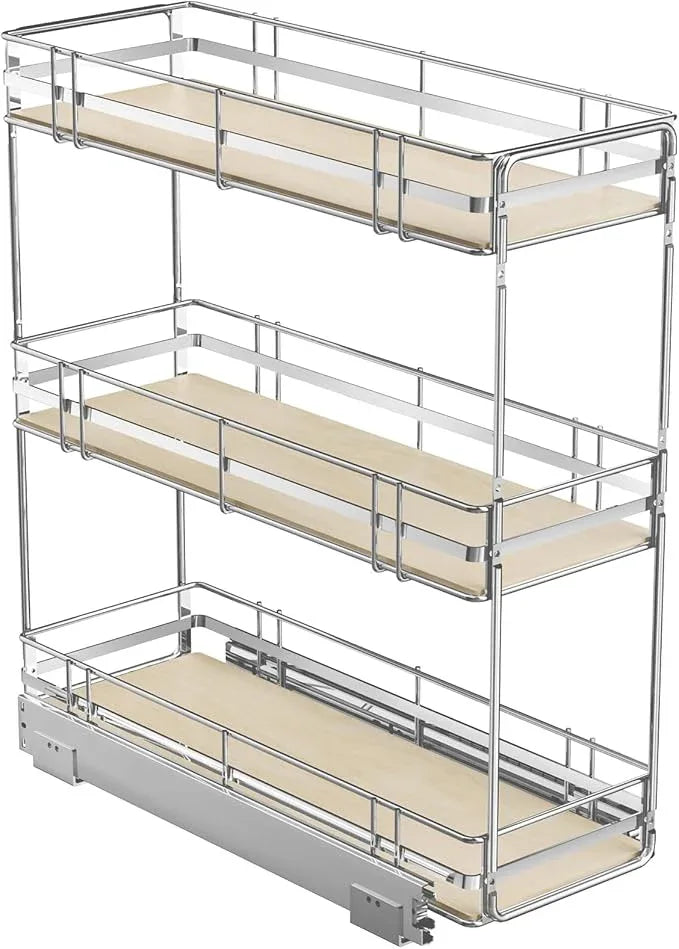 ROOMTEC 3-Tier Pull Out Cabinet Organizer Spice Rack for Narrow Cabinet 8" W x 20½" D, Slide Out Wood Shelves Storage for Kitchen - ModernBath