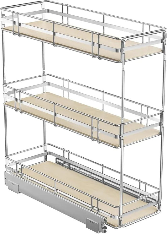 ROOMTEC 3-Tier Pull Out Cabinet Organizer Spice Rack for Narrow Cabinet 8" W x 20½" D, Slide Out Wood Shelves Storage for Kitchen - ModernBath