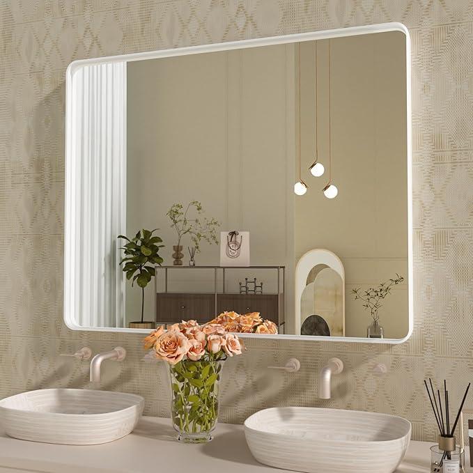 WEER White Bathroom Mirror 40X30 Inch, Rounded Rectangle White Metal Frame Mirror, Matte White Bathroom Vanity Mirror with Tempered Glass, Anti-Rust, Hangs Horizontally or Vertically - ModernBath