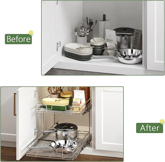 2 Tier Individual Pull Out Cabinet Organizer 22½" W x 21½" D, Heavy Duty Cabinet Pull Out Shelves, Slide Out Drawers Organization for Kitchen Cabinets Bathroom - ModernBath
