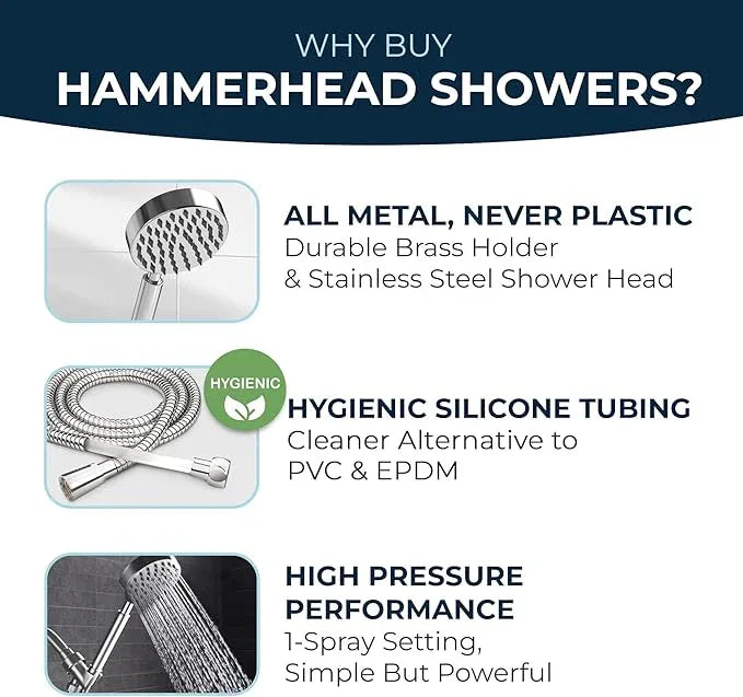 HammerHead Showers® Solid Metal LOW FLOW Handheld Shower Head with Hose and Brass Holder - CHROME – Water Saving 1.75 GPM Detachable Shower Head - Adjustable Shower Wand Bracket & 6ft Hose - ModernBath