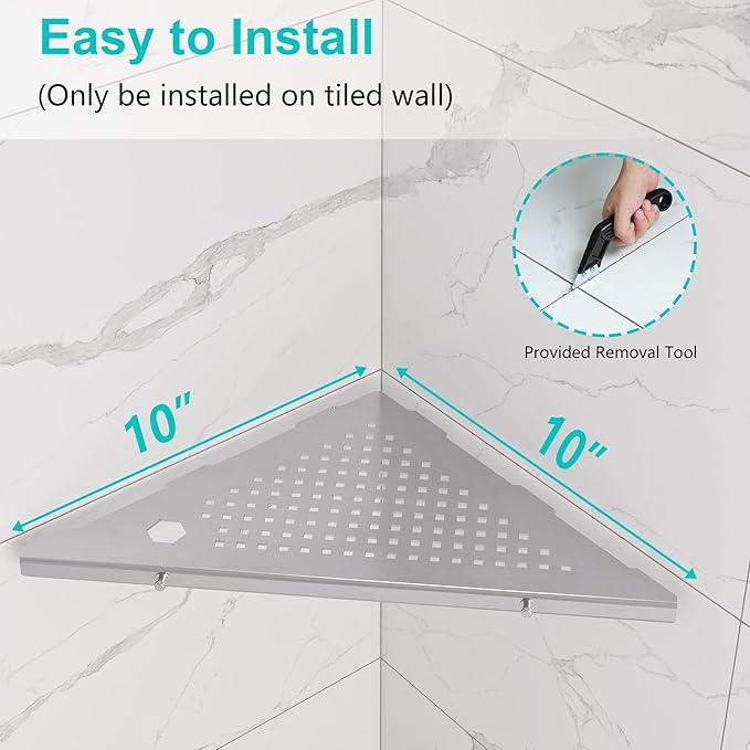 10" Bathroom Corner Shelf, 2 Pack Recessed Shower Shelf Caddy, SUS304 Stainless Steel Shelf Wall Mount Triangular, No Drilling Brushed Nickel - ModernBath