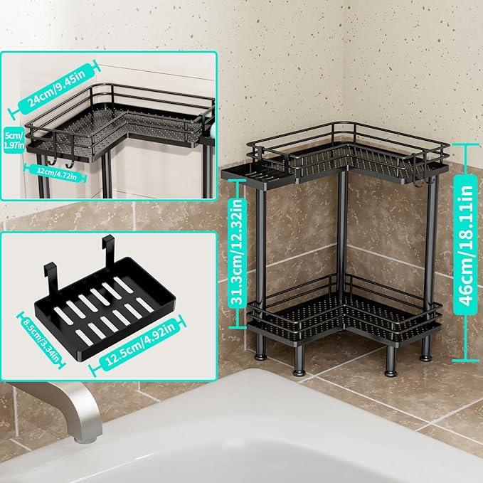 HapiRm Corner Shower Caddy Standing - 2 Tier Shower Organizer Corner with Soap Holder, Rustproof Bathroom Standing Organizer with 2 Hooks, Black - ModernBath