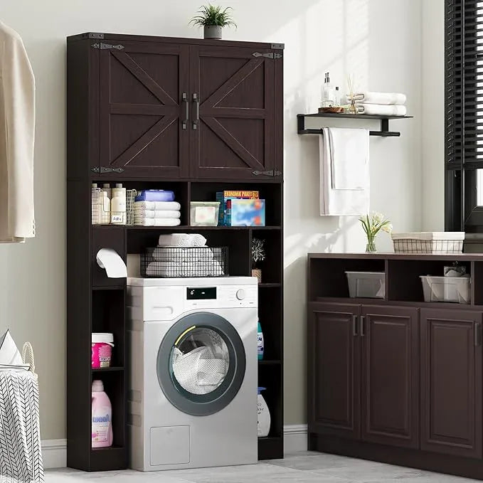 Vabches Over The Toilet Storage Cabinet, Farmhouse Storage Cabinet Over Toilet with 2 Barn Doors ，Toilet Paper Holder Stand，Home Space-Saving Toilet Rack, for Laundry, Restroom, Bathroom(Walnut) - ModernBath