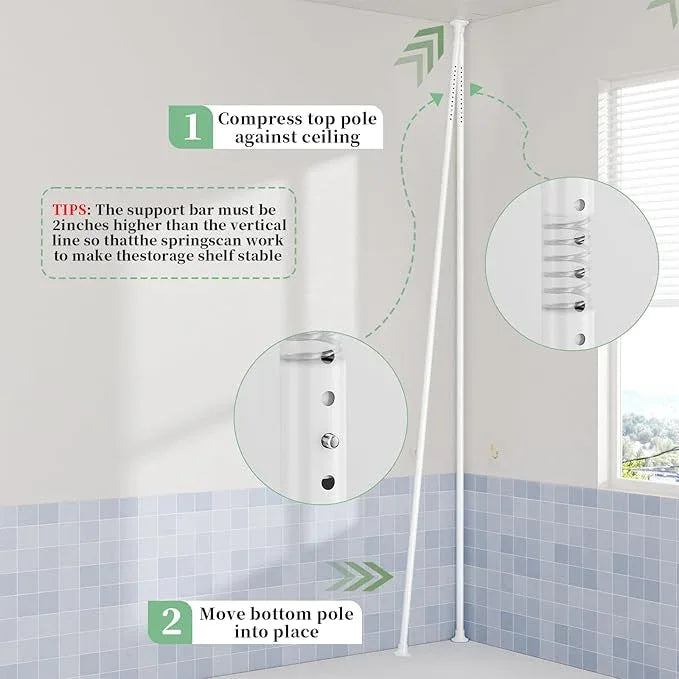 akinbas Tension Pole Shower Caddy Organizer with 4 Tier L-Shaped Rust Resistant Bathroom Corner Shelves with 34-124 Inch Adjustable No Drilling Quick Install Shower Rack for Bath Essentials (White) - ModernBath