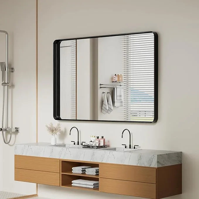 Koonmi Black Wall Mirror for Bathroom, 36x55 Inch Matte Deep Framed Rounded Rectangle Vanity Mirror for Farmhouse Living Room, Tempered Glass, Anti-Rust, Vertically or Horizontally - ModernBath