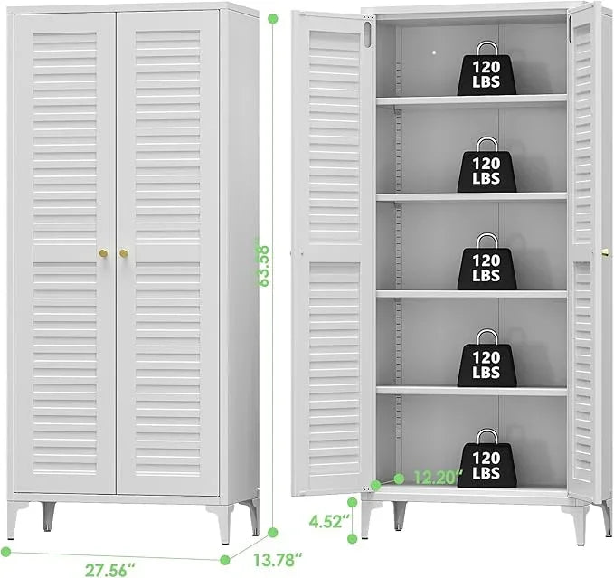 64" H Kitchen Pantry Storage Cabinet, Metal Storage Cabinets with 4 Adjustable Shelves for Kitchen Bathroom Living Room, Required Assembly, White - ModernBath