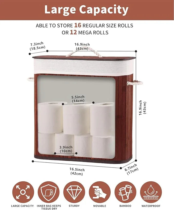 Bamboo Toilet Paper Storage with Lid & Handel, 8 Gallons (30L), Sturdy Toilet Paper Basket, Organizer for Bathroom, Kitchen, Holder with Storage, Brown - ModernBath