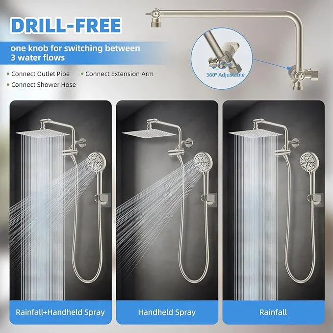 All Metal Shower Head, 8" High Pressure Rainfall/Handheld Shower Combo with 11" Extension Arm, 10-Spray Handheld Showerhead, 71" Long Hose, 3-Way Diverter Valve, Brushed Nickel - ModernBath