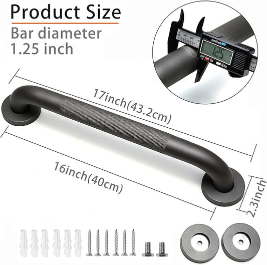 Rackickyer Shower Grab Bar, 2 Pack 16 Inch Gray Bathroom Grab Bar, 1.25" Diameter 304 Stainless Steel Anti-Slip Grab Bars for Bathtubs and Showers, Handicap Shower Grab Bar for Seniors Elderly