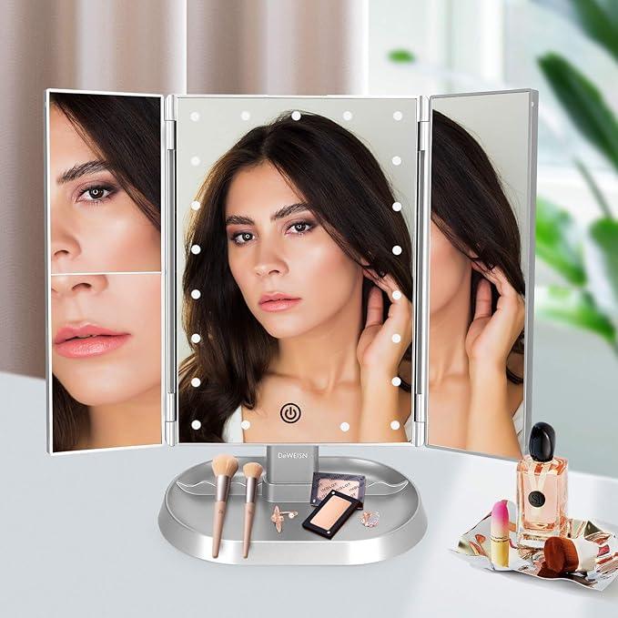 deweisn Trifold Lighted Vanity Makeup Mirror with 21 LED Lights,1/2/3 Magnification and Dimming,Two Power Supplies Makeup Mirror,Gift for Women - ModernBath