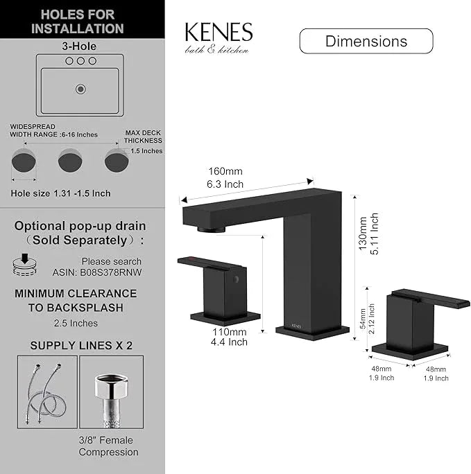 KENES Matte Black Widespread Bathroom Faucet Two Handle Bathroom Sink Faucets Black 3 Hole, 8-Inch 3 Pieces Bathroom Vanity Faucet Lavatory Faucet with Supply Lines, KE-9050-2 - ModernBath