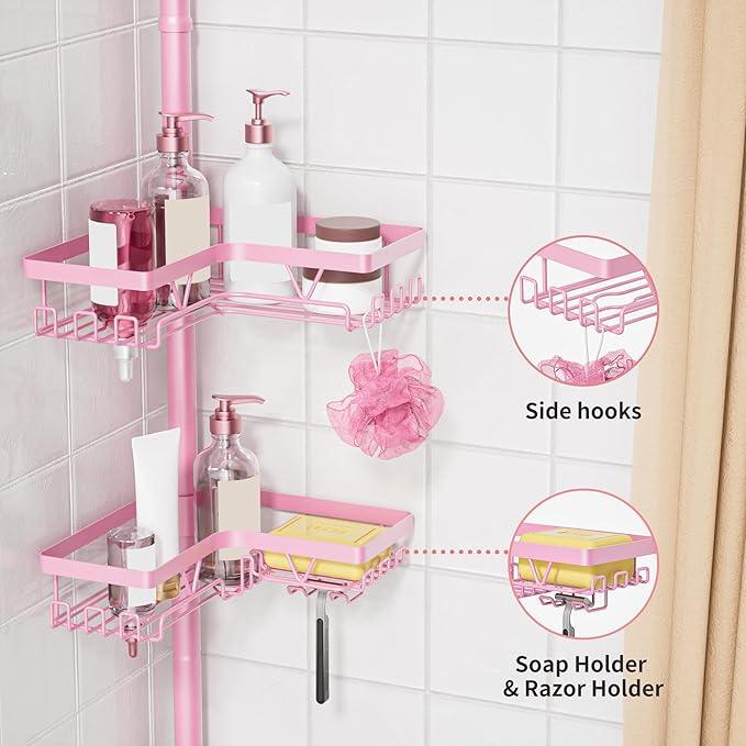 KEGII Shower Caddy Tension Pole, 4-Tier Rustproof Adjustable Corner Bathroom Organizer for Renters, 25–114.2 Inch No Drill Space-Saving Shower Storage Rack, Pink - ModernBath