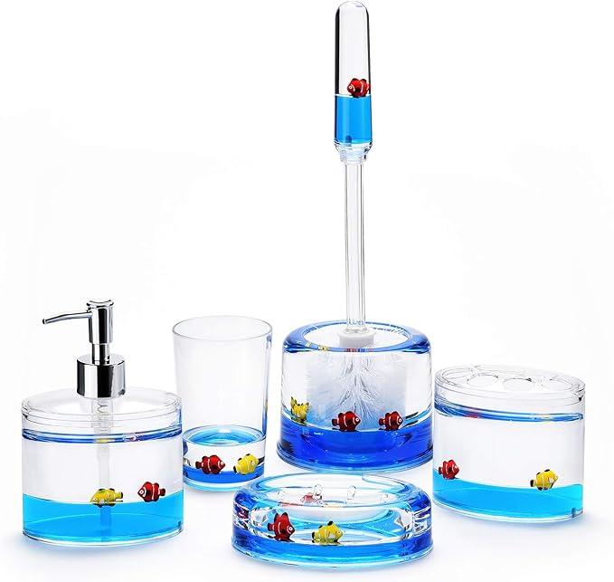 Locco Decor 5 Piece Acrylic Liquid 3D Floating Motion Bathroom Vanity Accessory Set Ocean Cartoon Animal Theme Nimo Fish Toothbrush Holder, Tumbler, Soap Dispenser, Soap Dish, Toiletbrush Holder Set - ModernBath