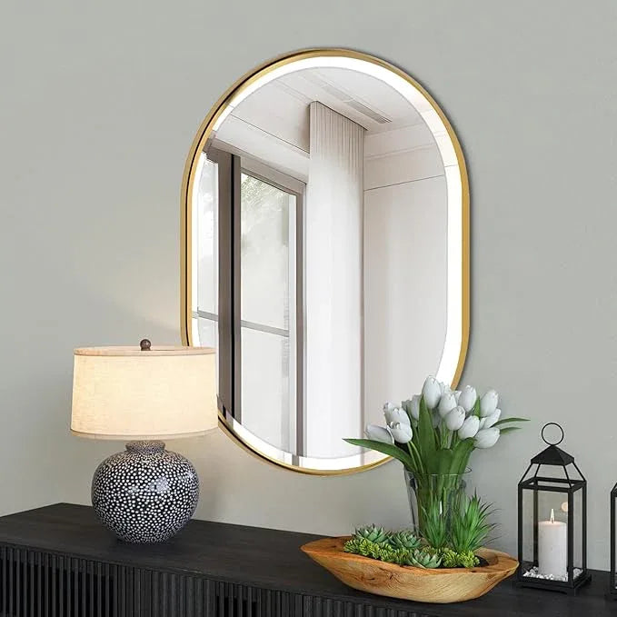 POZINO Oval Mirror Over Sink, Brushed Gold Beveled Bathroom Mirror, 22"x30" Vanity Wall Mirrors with Stainless Steel Frame, Brass Modern Rounded Mirrors for Bedroom Living Room Entryway - ModernBath