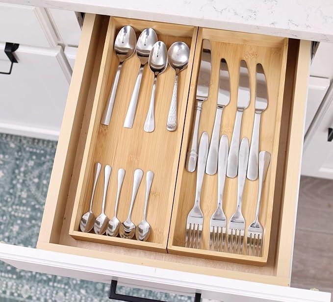 Fabsome Kitchen Utensil Drawer Organizer, Bamboo Silverware Cutlery Flatware Organizer Bins, Wooden Container Storage Trays for Bathroom Vanity Junk Drawer, 15" x 6" Set of 2 - ModernBath