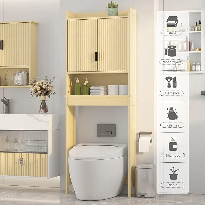 Over The Toilet Storage Cabinet,Behind Toilet Bathroom Organizer with Anti-tip,Space-Saving Toilet Shelf with Storage,Stylish Wave Pattern & Hidden Handle,Bathroom Shelf for Restroom/Laundry - ModernBath