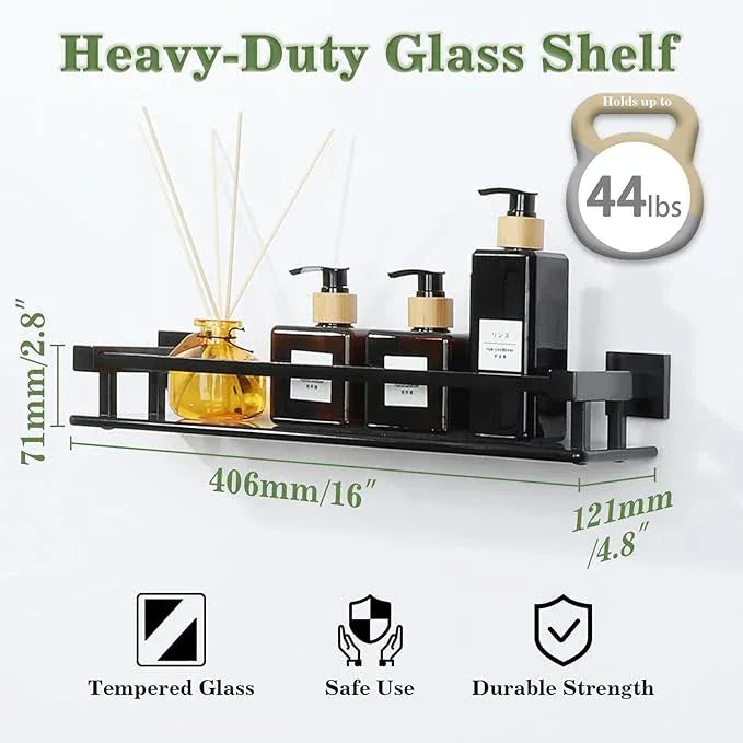 Alise Bathroom Glass Shelf with Stainless Steel Railing, Matte Black Small Tempered Glass Floating Wall Shelf Over The Toilet, 16 inch - ModernBath