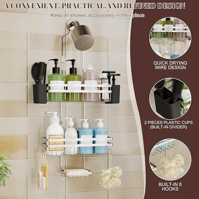 STAHLHEART Shower Caddy Hanging for Bathroom Organizers and Storage, 3 Tier Adjustable Anti-Swing Shower Organizer Hanging with Heavy-Duty Suction Cups, Damage-Free Rustproof (Chrome) - ModernBath