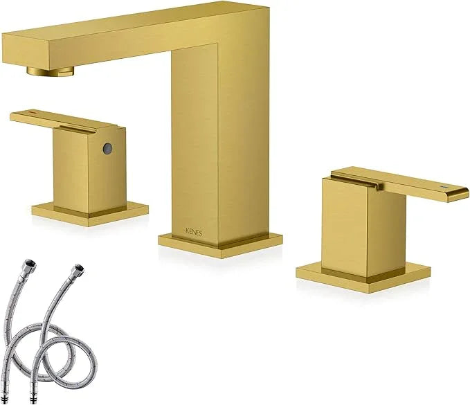 KENES Brushed Gold Widespread Bathroom Faucet 2 Handle Bathroom Sink Faucets 3 Hole, Gold 8-Inch 3 Pieces Vanity Lavatory Faucet with Supply Lines, KE-9050-4 - ModernBath