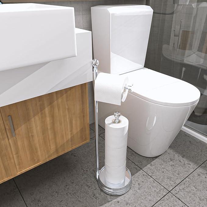 Toilet Paper Holder for Bathroom, Heavy Weighted Metal Free Standing Toilet Paper Holder Stand with Crystal Ball, Toilet Paper Roll Stand for Bathroom Accessories - ModernBath