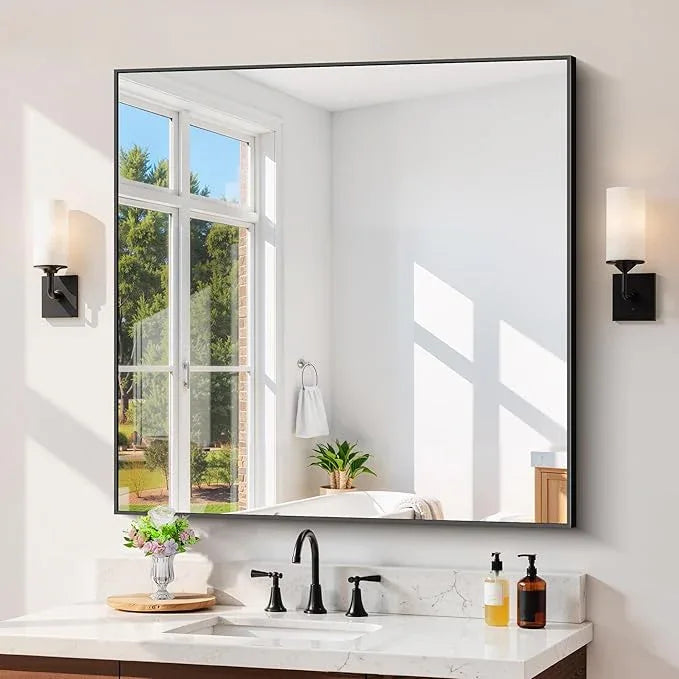 COFENY Black Bathroom Mirror for Wall, 39x39 Inch Rectangle Mirror with Metal Frame, Square Modern Vanity Mirrors for Bathroom Living Room, Entryway Hangs Horizontal or Vertical - ModernBath
