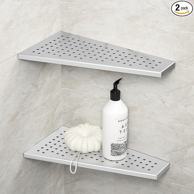 Corner Shower Shelf, 12" Trapezoid Grout in Shelf, 304 Stainless Steel Grid Design Recessed Bathroom Shelf for Tiled Wall - ModernBath