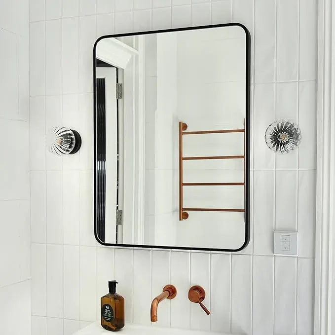 Bonverre 24x32 Inch Rectangle Bathroom Mirror with Black Metal Frame, Rounded Corner Rectangular Vanity Mirror for Wall, Modern Large for Bedroom, Living Room, Horizontal or Vertical - ModernBath
