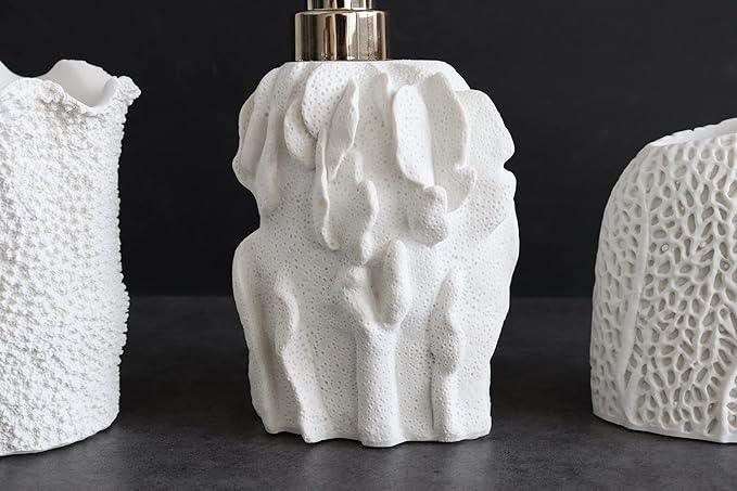 Hymmah Bathroom Accessories Set,Coral Seashell Design Toothbrush Holder,Farmhouse Bathroom Decor,4 Pcs Resin Gift Set Apartment Necessities, Contain Toothbrush Cup,Soap Dispenser,Soap Dish,Tumbler - ModernBath