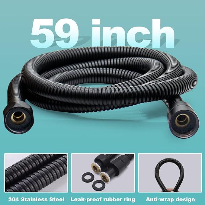 HONGTONGSOWER Matte Black Handheld Shower Head with Long Hose and Brass Holder All Metal Hand Held Shower Head High Pressure Handheld Shower Head Set - ModernBath