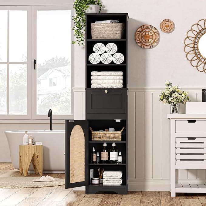 67"H Bathroom Storage Cabinet with Rattan Doors and Slide Storage, Tall Narrow Standing Tower Cabinet with Adjustable Shelves, Small Bathroom Floor Organizer for Entryway, Kitchen, Black - ModernBath