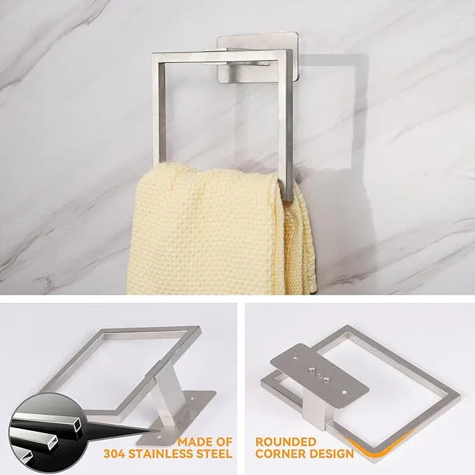 LANC Hand Towel Rings for Bathroom Wall Mount Brushed Finished Square Self Adhesive Hand Towel Holder for Kitchen Towel Holder Lavatory Stainless Steel Contemporary Shower Towel Racks, A8396BN - ModernBath