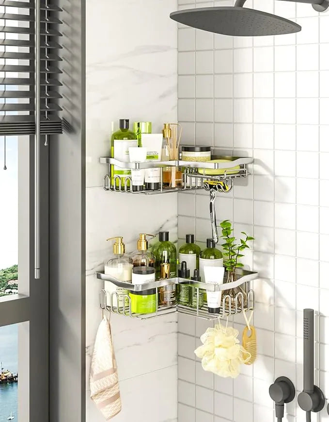 HapiRm Corner Shower Caddy with Shampoo Holder, Shower Organizer with 11 Hooks, No Drilling Rustproof Stainless Steel Bathroom Shelves - Silver (Only for 90 ° Right Angle) - ModernBath
