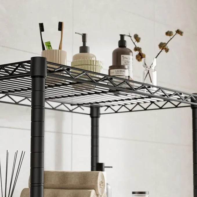 5 Tier Shelves Storage Shelf Wire Closet Bathroom Organizers Metal Pantry Kitchen Garage Shelving Unit Laundry Room Organization Home Rack Net Basket Black with Wheels 14”D X 24”W X 61”H - ModernBath