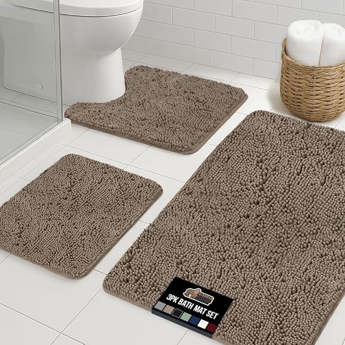 GORILLA GRIP Bathroom Rug Sets 3 Piece, Bath Mat Set and Oval Toilet Base with Rubber Backing, Plush Absorbent Shaggy Chenille Washable Mats, Includes 24x19.5, 24x17 and 36x24 Inch Rugs, Gray Beige - ModernBath
