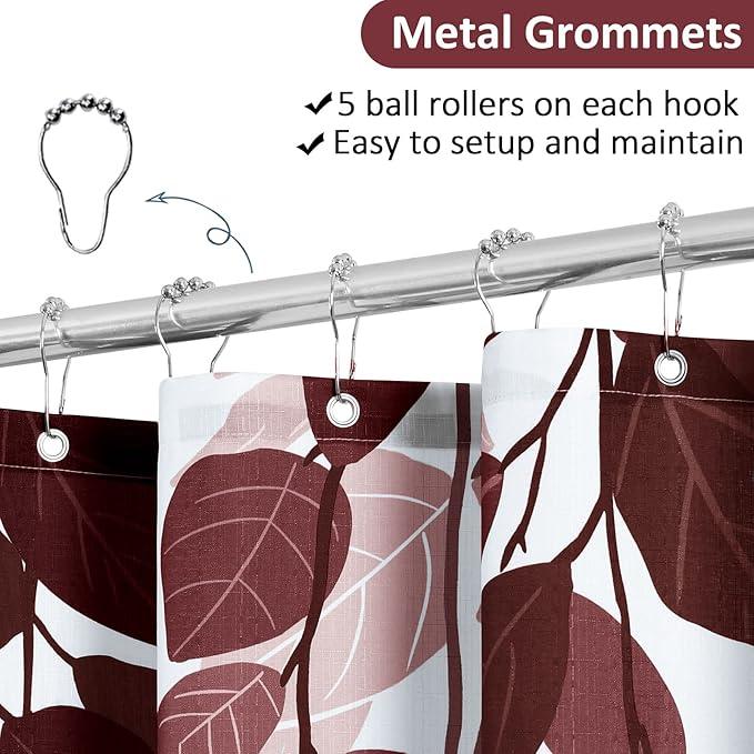 BOODII Dark Red Leaves Shower Curtain Set Burgundy Red Watercolor Eucalyptus Shower for Bathroom Botanical Nature Floral Plant Bath Curtain Natural Bathroom Decor 72x72 inch - ModernBath