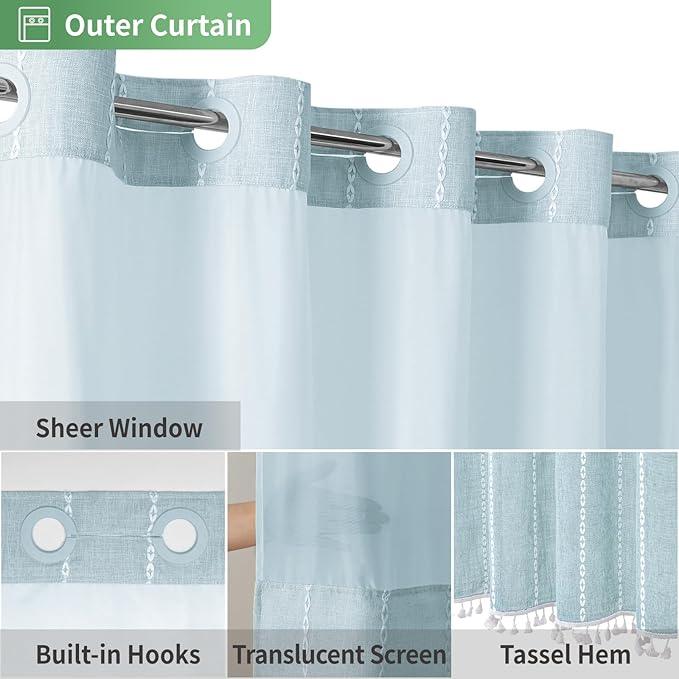 eachope No Hook Long Shower Curtain Set with Snap-in Fabric Liner,Linen Textured Thick Striped Fabric with Tassels,Boho Farmhouse Rustic Luxury Bathroom Curtain,Water-Repellent,Fog Blue,71x80 - ModernBath